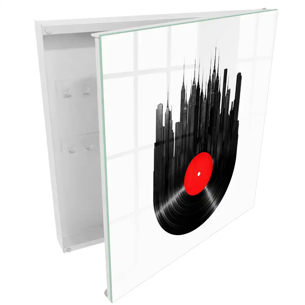 Box na klíče s motivem městských mrakodrapů z černého vinylu