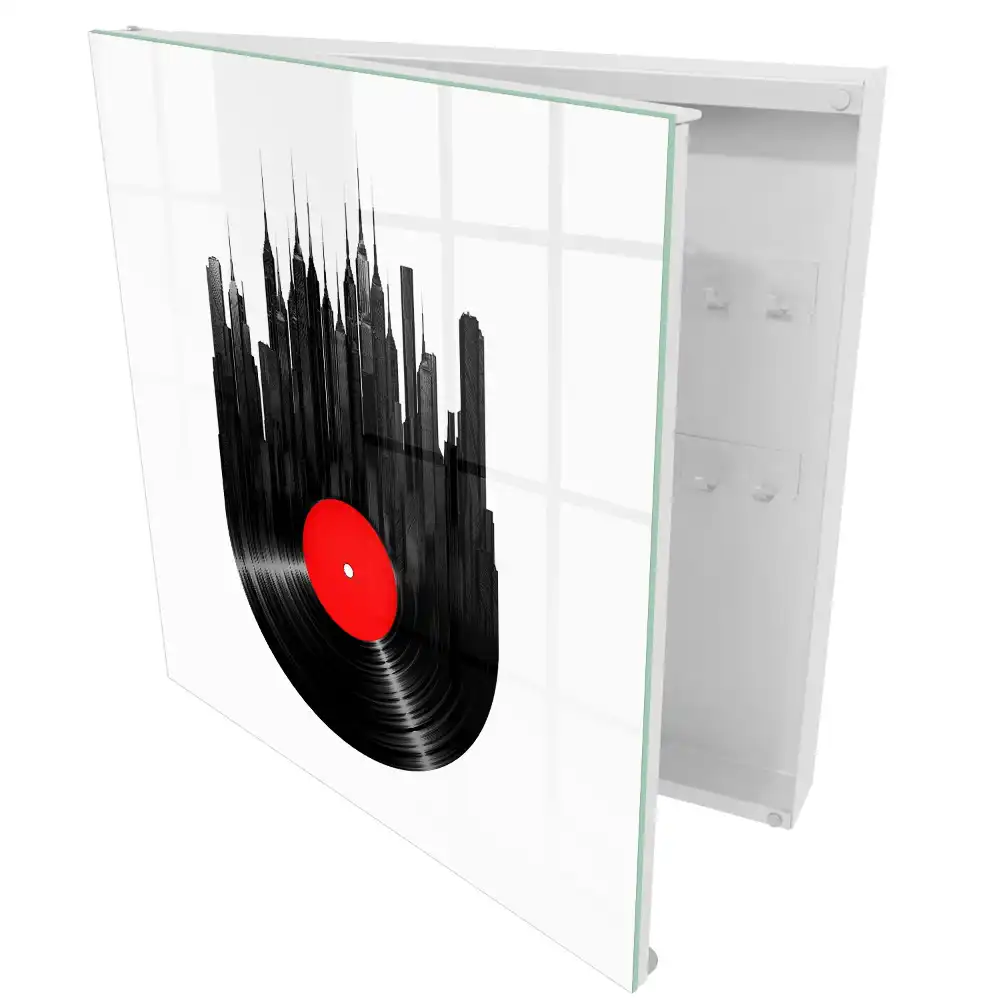 Box na klíče s motivem městských mrakodrapů z černého vinylu