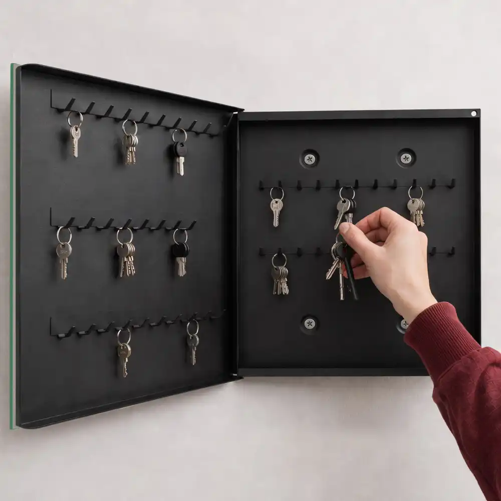 Box na klíče s inspirativním textem a kontrastními barvami