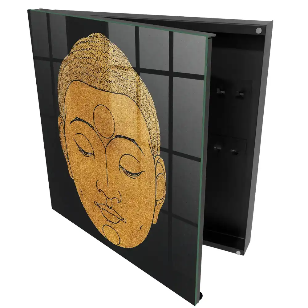 Minimalistický box na klíče s meditačním motivem v teplých barvách
