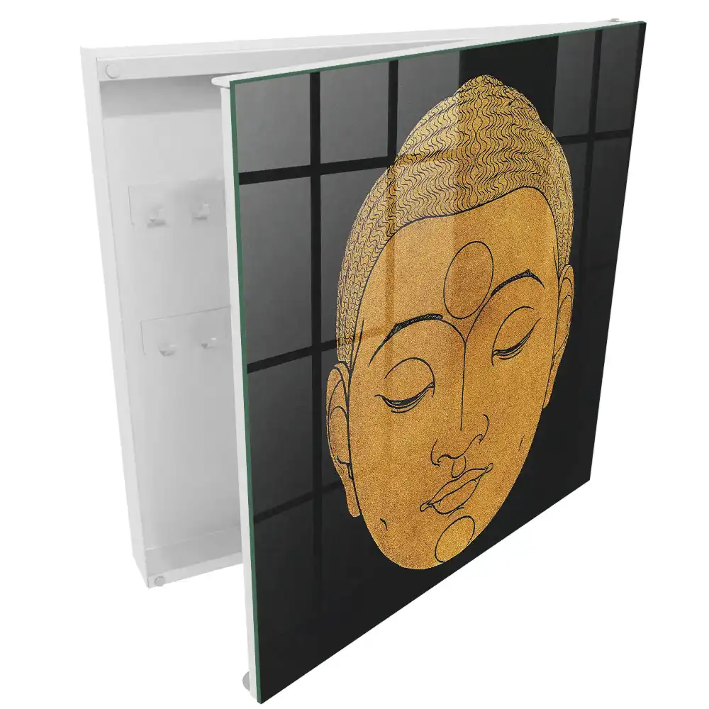 Minimalistický box na klíče s meditačním motivem v teplých barvách