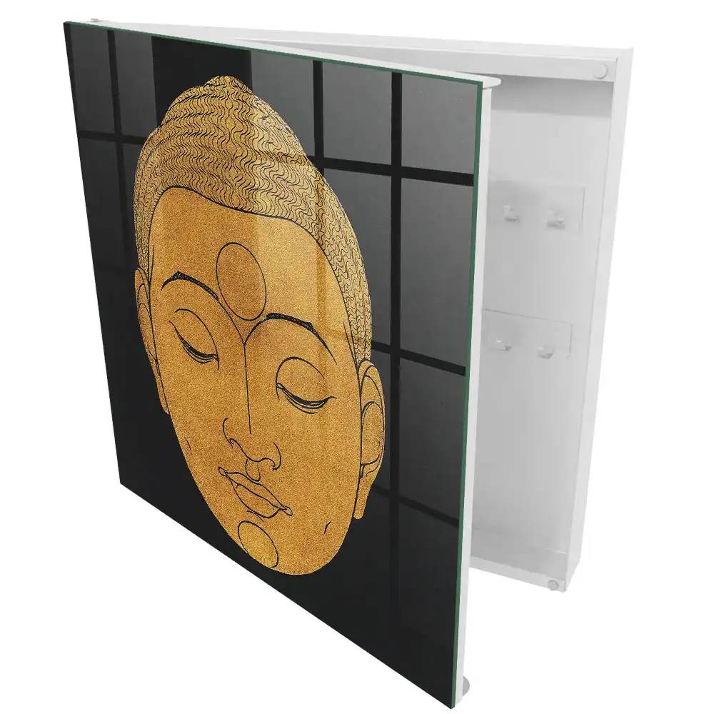 Minimalistický box na klíče s meditačním motivem v teplých barvách