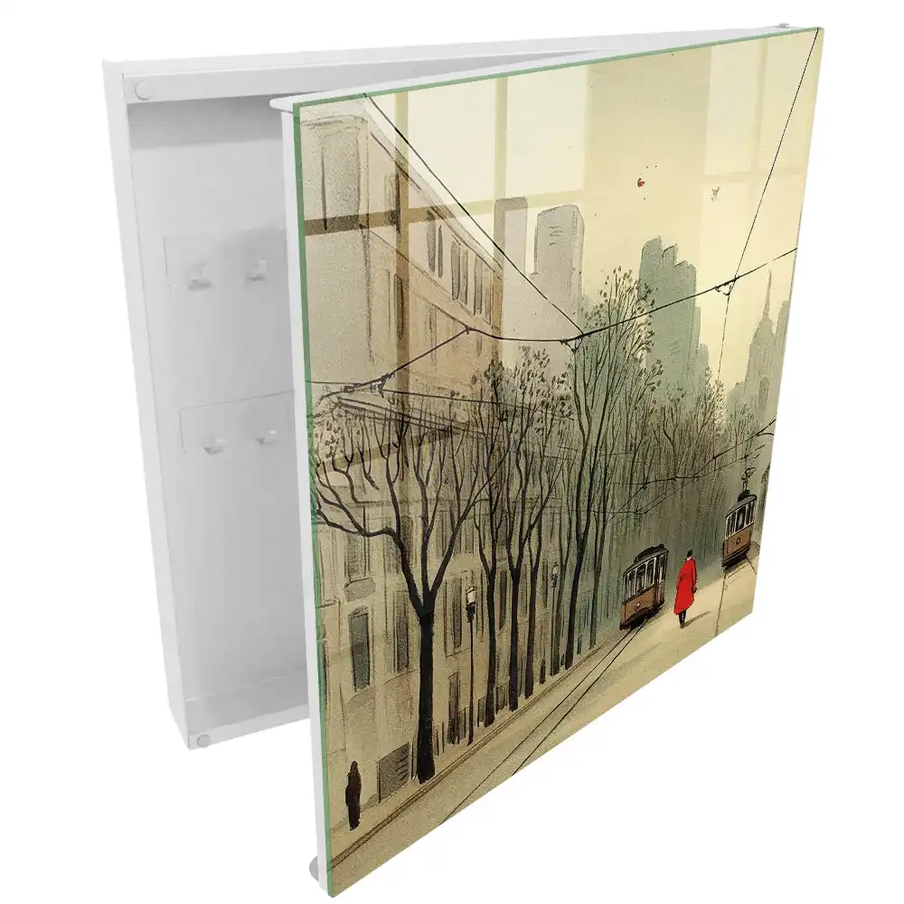 Schránka na klíče s motivem mlhavého rána ve městě se stromy a tramvajemi v červené barvě