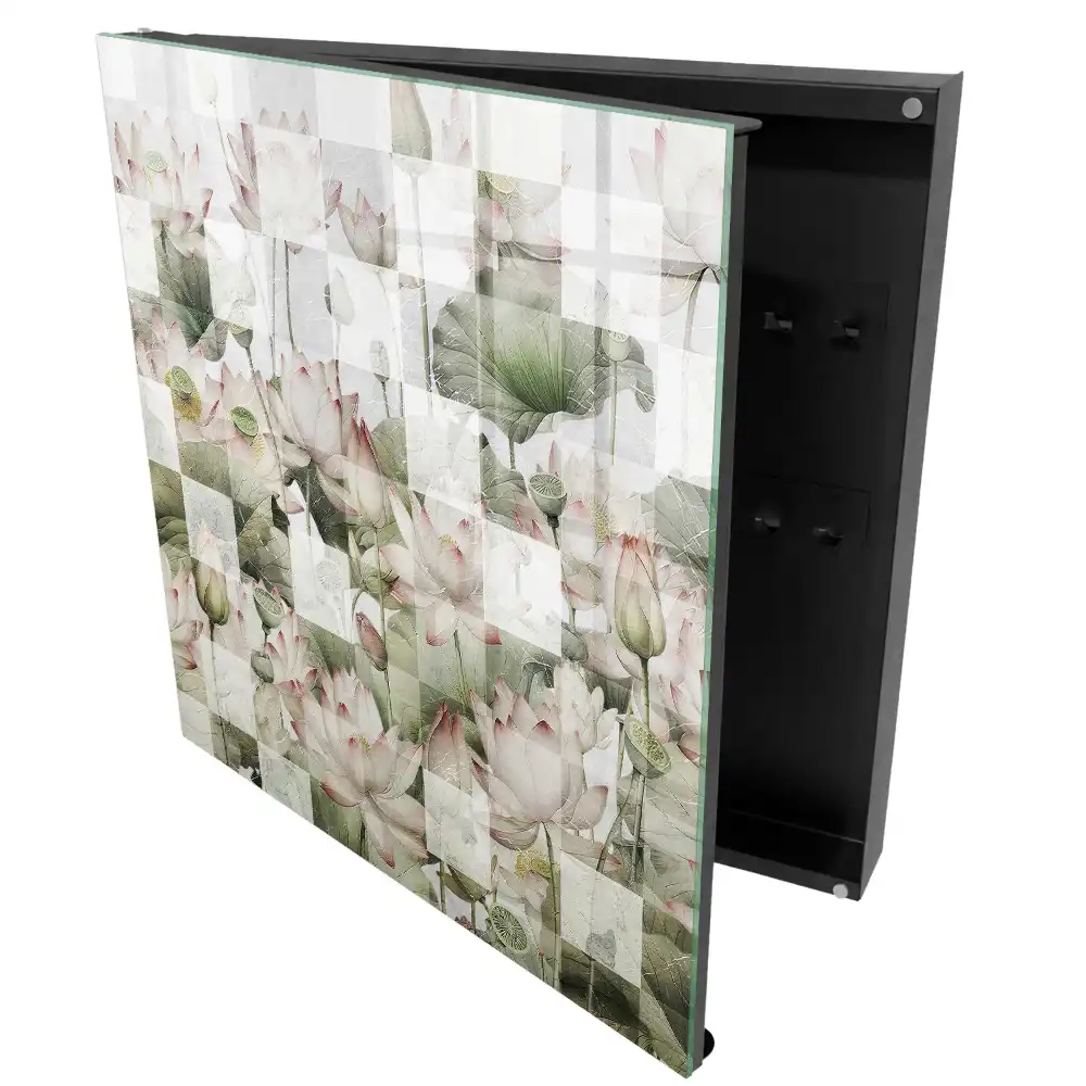 Nástěnná skříňka na klíče s motivem leknínů na geometrickém pozadí