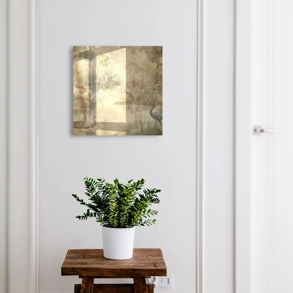 Nástěnná skříňka na klíče s motivem idylické krajiny s ptáky a vegetací