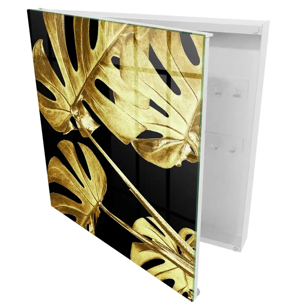 Elegantní box na klíče s motivem listů na černém pozadí