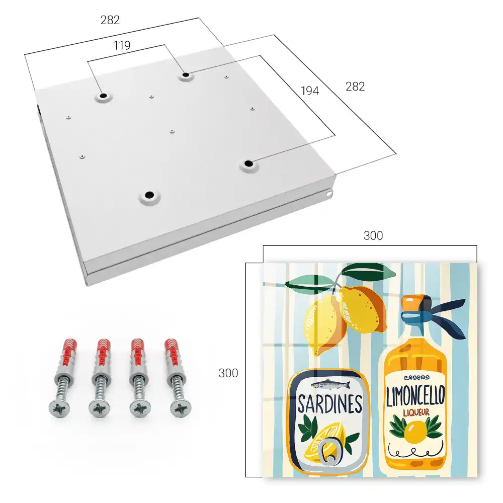 Nástěnná skříňka na klíče se vzorem láhve limoncella, sardinek a citronů