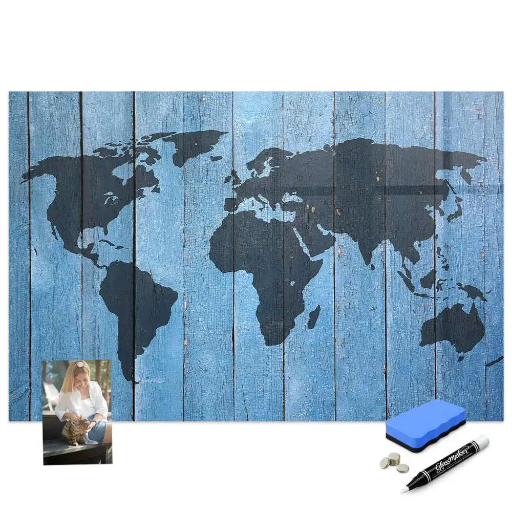 Magnetická psací tabule mapa světa na dřevě