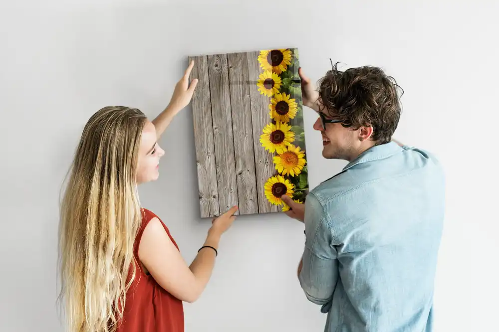 Magnetická psací tabule se slunečnicovým motivem na dřevě