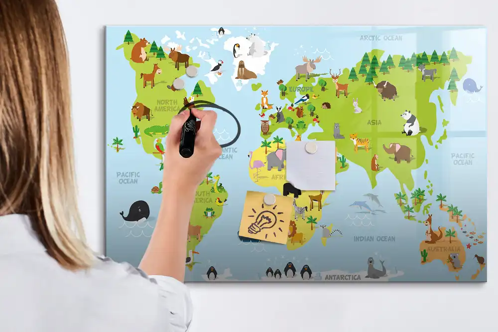 Magnetická kreslící tabule pro děti mapa světa se zvířaty