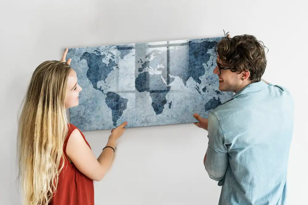 Magnetická tabule na kreslení s motivem mapy světa na plátně