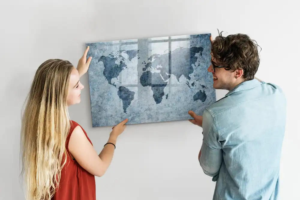 Magnetická tabule na kreslení s motivem mapy světa na plátně