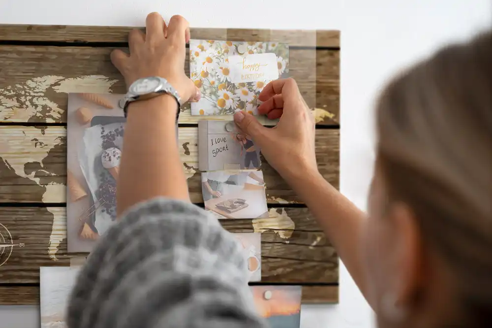 Skleněná magnetická tabule s motivem dřevěné mapy světa