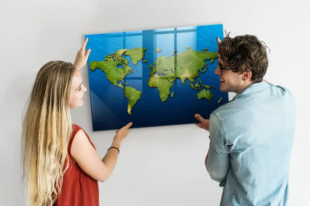Skleněná magnetická tabule s motivem mapy světa