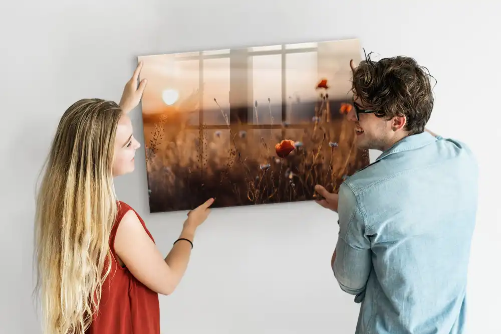 Magnetická tabule na zeď s motivem louky při východu slunce