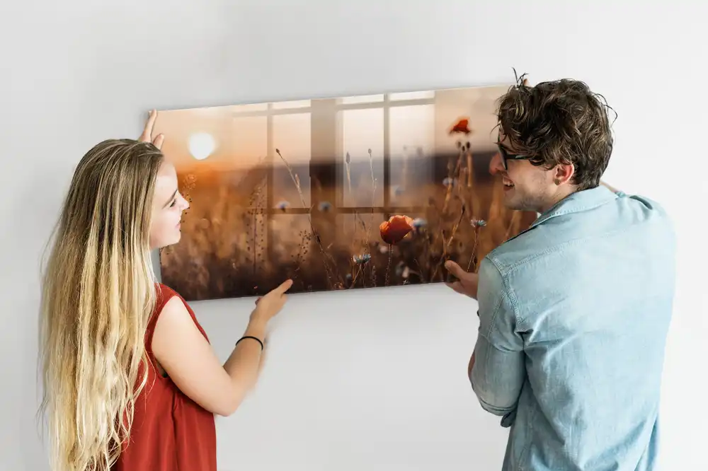 Magnetická tabule na zeď s motivem louky při východu slunce
